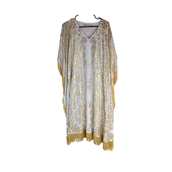Soft Surroundings Caftan Dress Gold Metallic Fringe Boho Gold White XS / Small - Picture 1 of 7